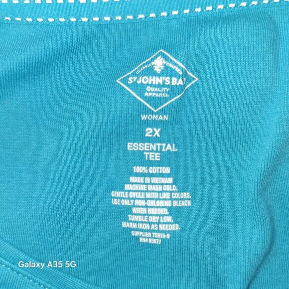 St. Johns Bay Womens Essential Tee 2X Turquoise Cotton Short Sleeve - Picture 3 of 3